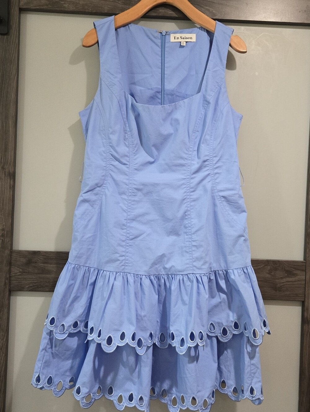 En Saison Crista Blue Cotton Eyelet Tiered Mini Dress Medium